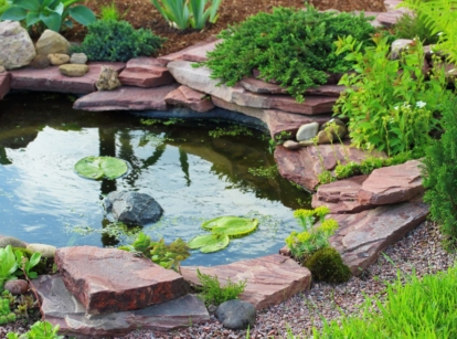 A close-up shot of a man-made puddle, placed alongside plants and flowers, showcasing how to build a garden pond