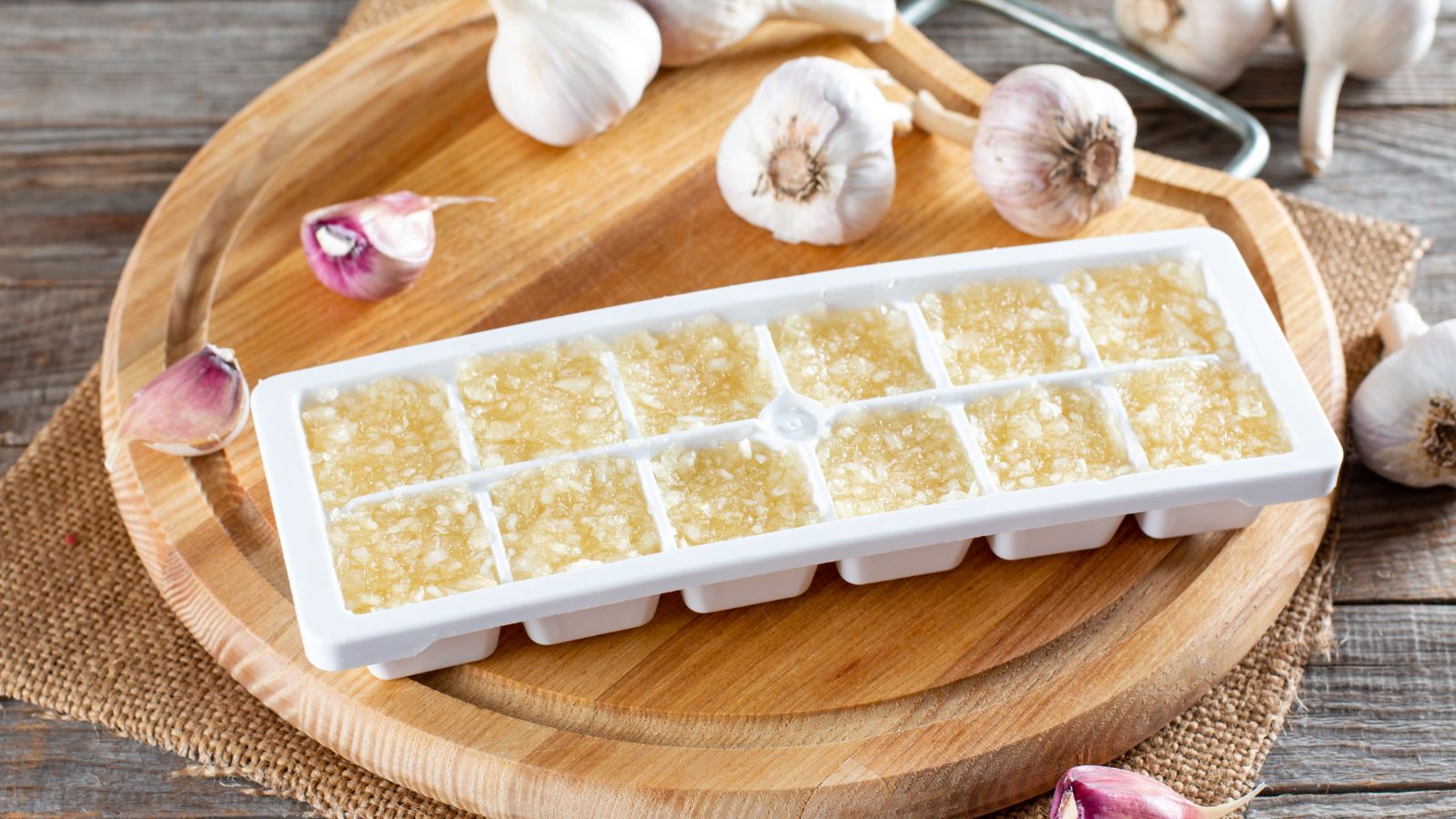 Allium sativum minced and placed in ice cube tray on a wooden tray with bulbs scattered on the surface