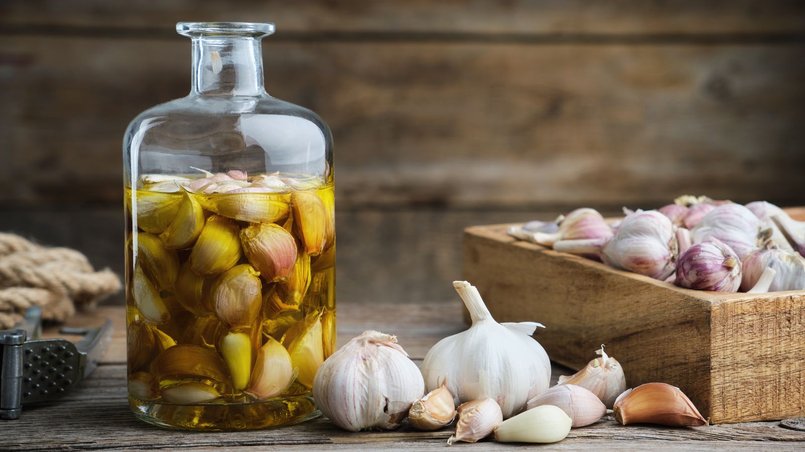 Countless Allium sativum placed in a glass bottle with oil, on a wooden surface with a basket of blubs beside it