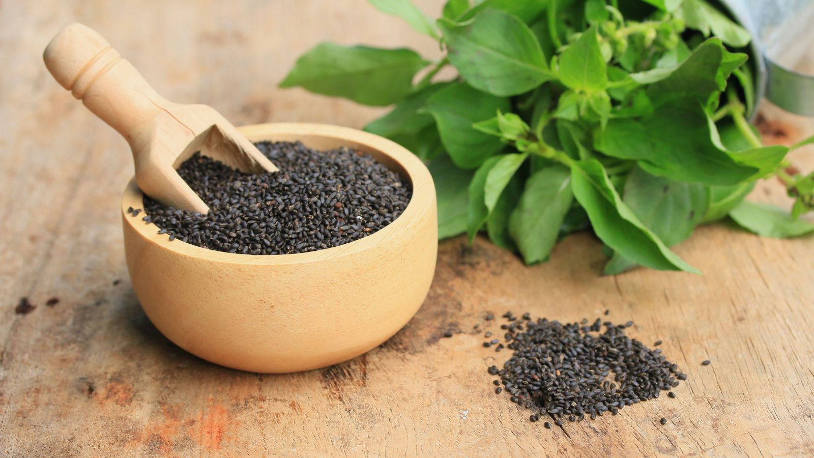 A shot of seeds of an herb in a wooden bowl alongside fresh herbs and a small pile of seeds all placed on a wooden surface