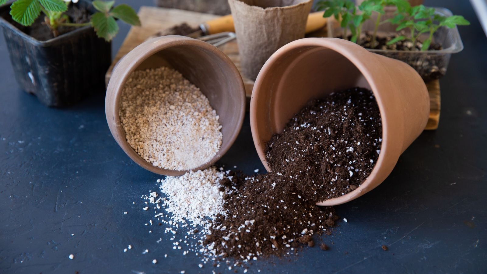 A close-up shot of several tipped over pots with spilled ground perlite and vermiculite, mixed with soil