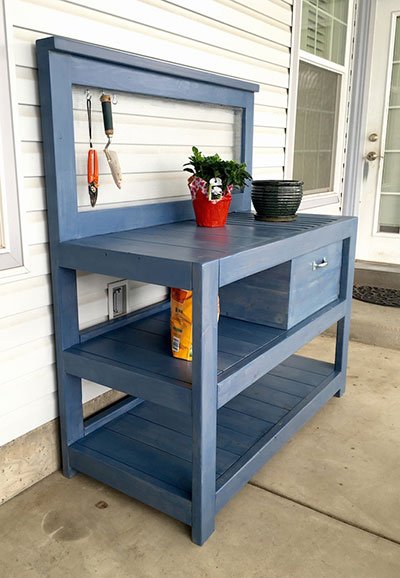 Blue Potting Bench with Built-In Soil Storage