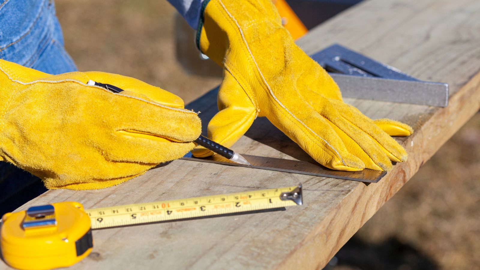 Pressure-Treated wood being reused by someone wearing yellow gloves using tools to mark the wood