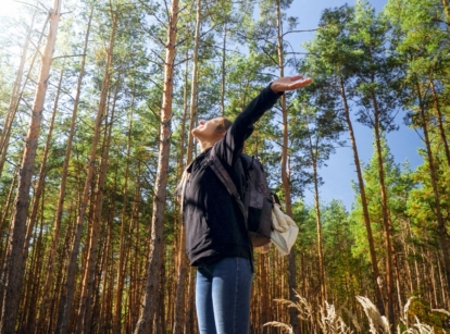 A close-up and base-angle shot of a happy person with arms wide open, in a large tree forest area, showcasing ecotherapy