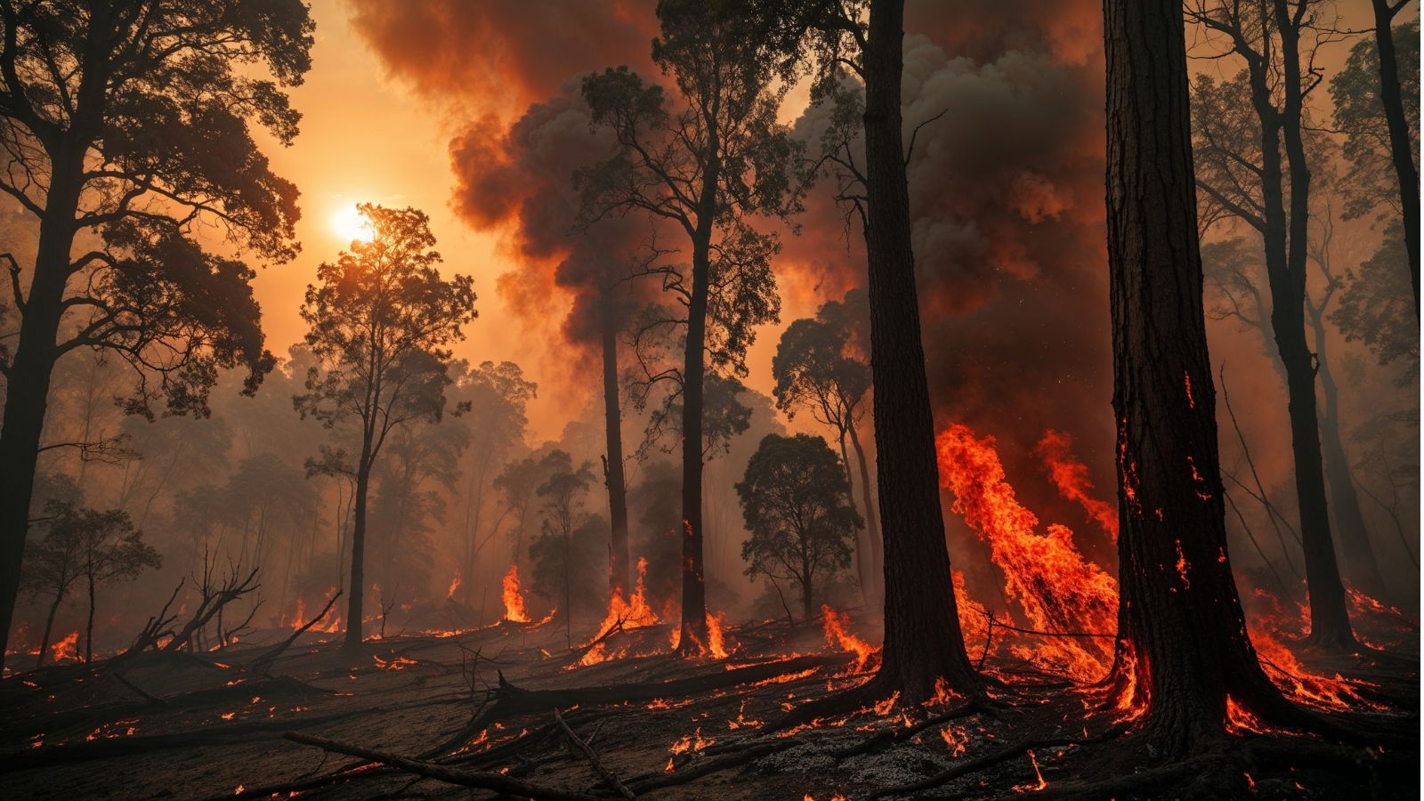 A close-up shot of a large tree forest area suffering from a large wildfire
