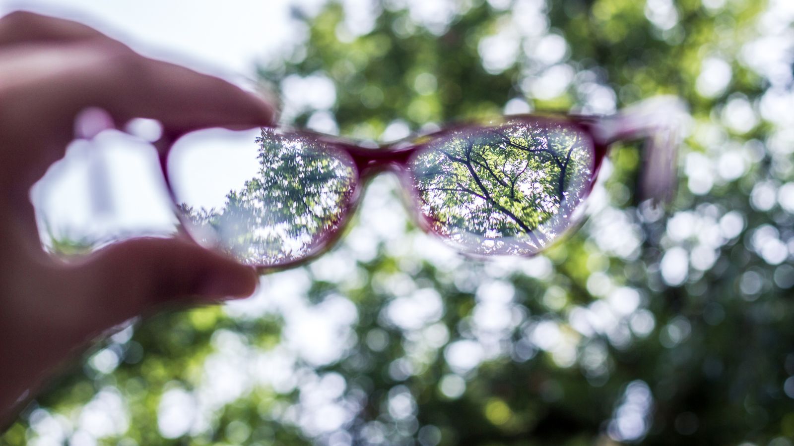 A close-up shot of a person's hand holding a pair of eyeglasses, with the background blurred out