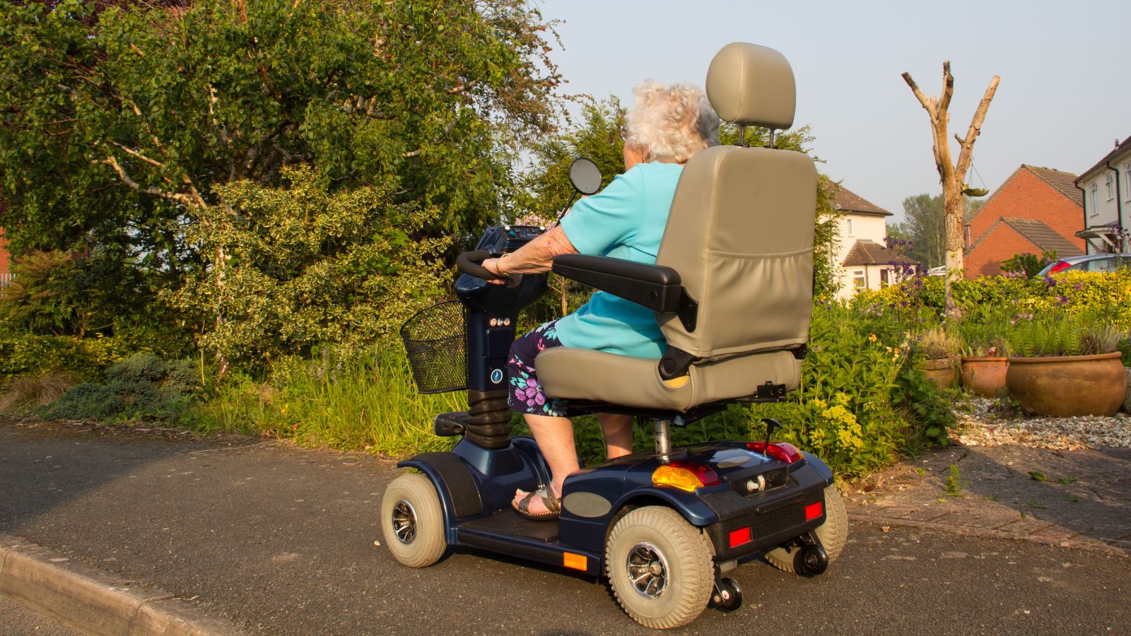An elder woman using scooter to visit a garden, appearing to enjoy appreciating and wandering the area