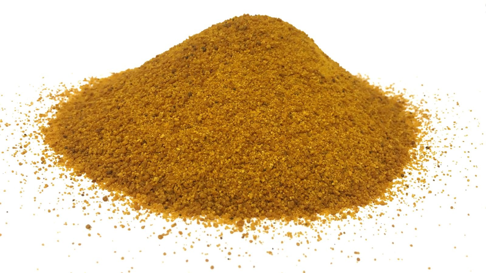 A pile of Corn Gluten Meal appearing dark orange and almost brown, isolated with a pure white background