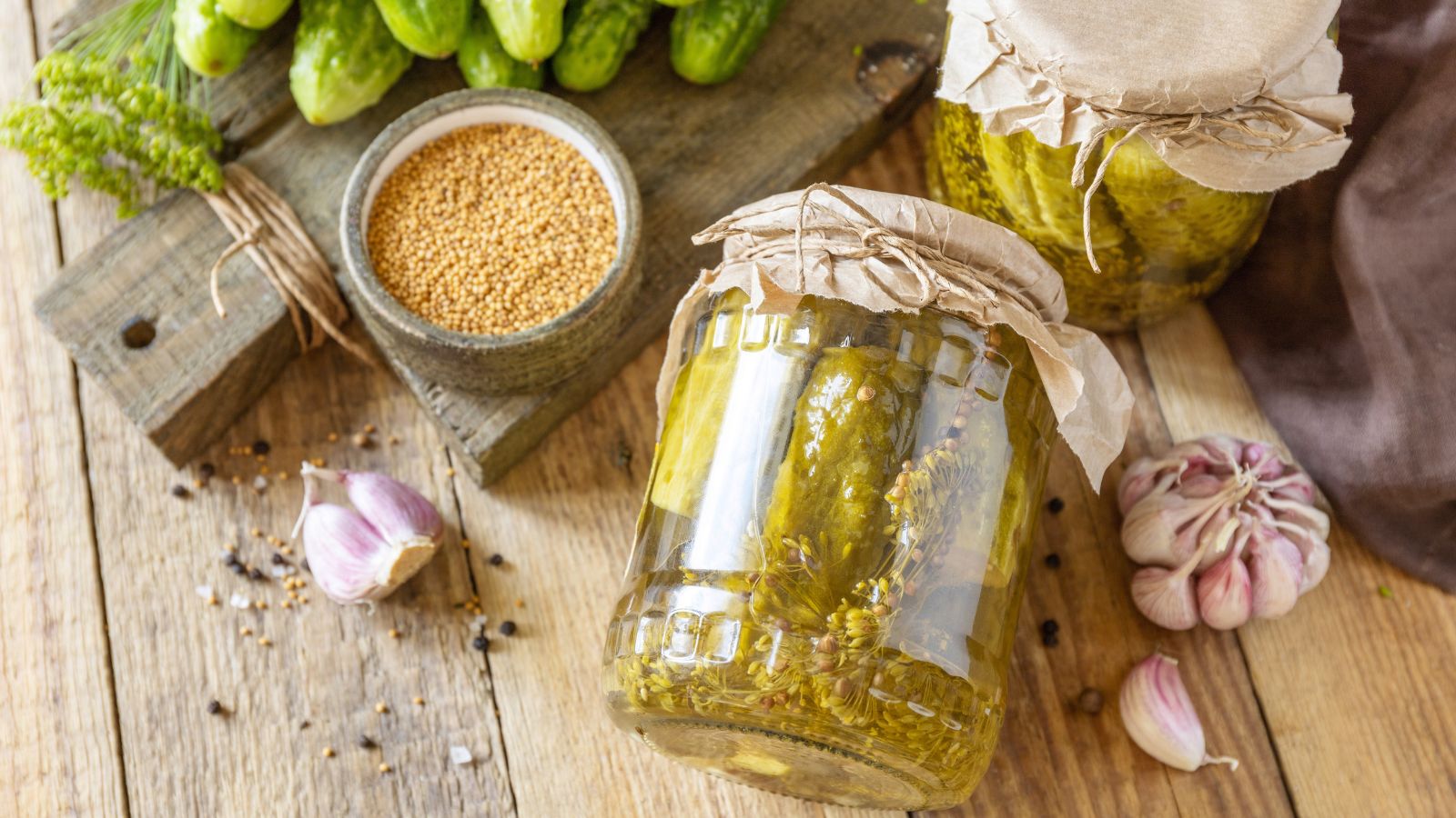 A wooden table with produce and tools for fermentation, having glass jars and veggies scattered on the wooden surface