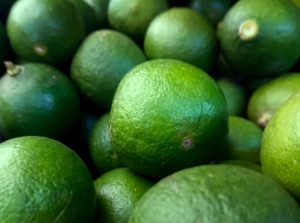 A pile of Key Limes from a tree, harvested and placed on top of one another having textured green skin