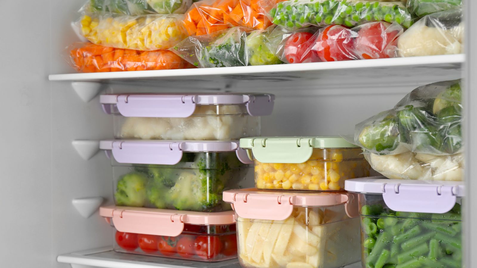 A shot of various vegetables stored in different containers in a fridge