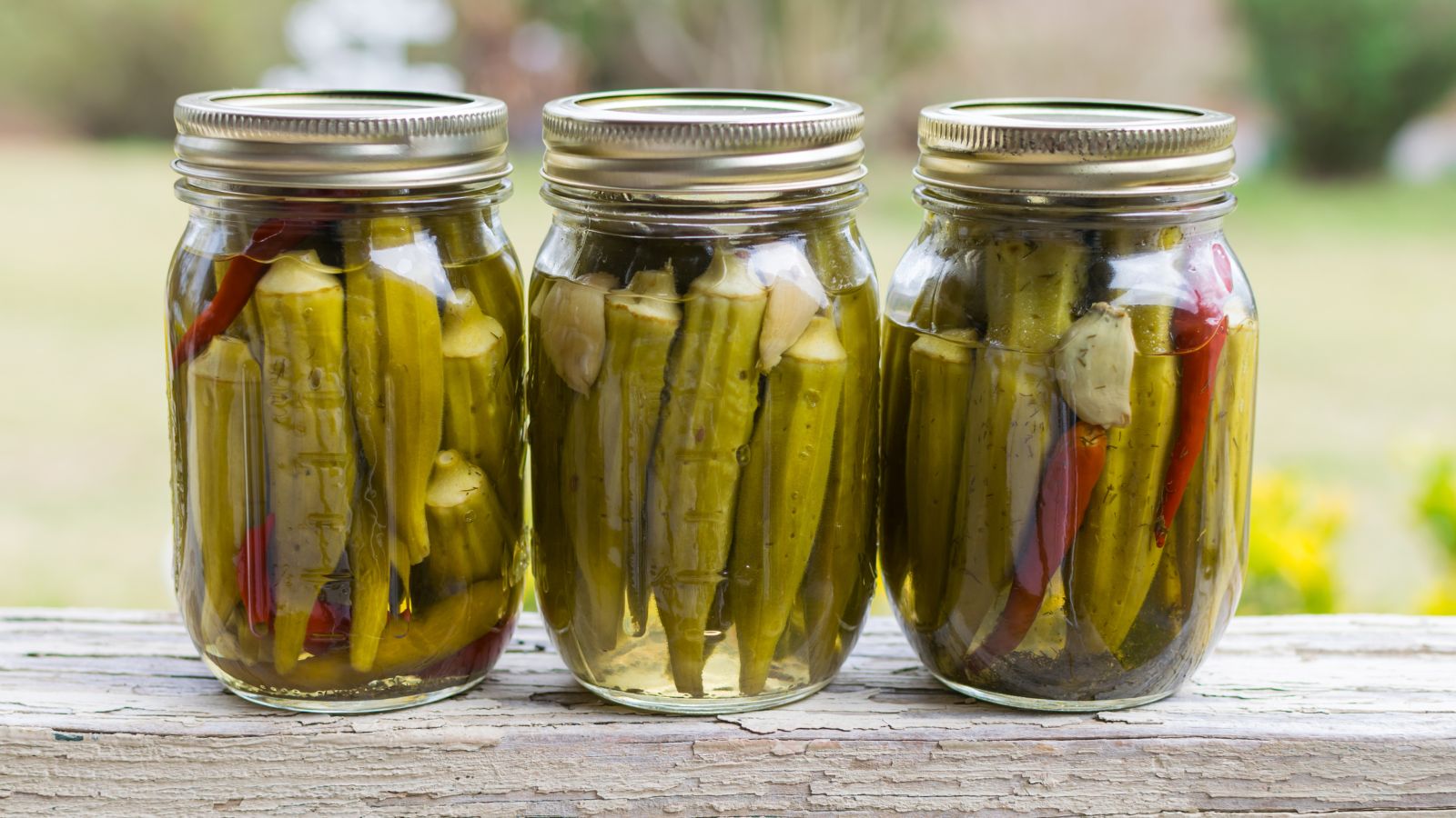 A close-up shot of several jars filled with preserved pods of a crop, all situated in a well lit area