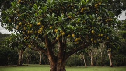 A shot of a large plant bearing dry hard fruits in a well lit area