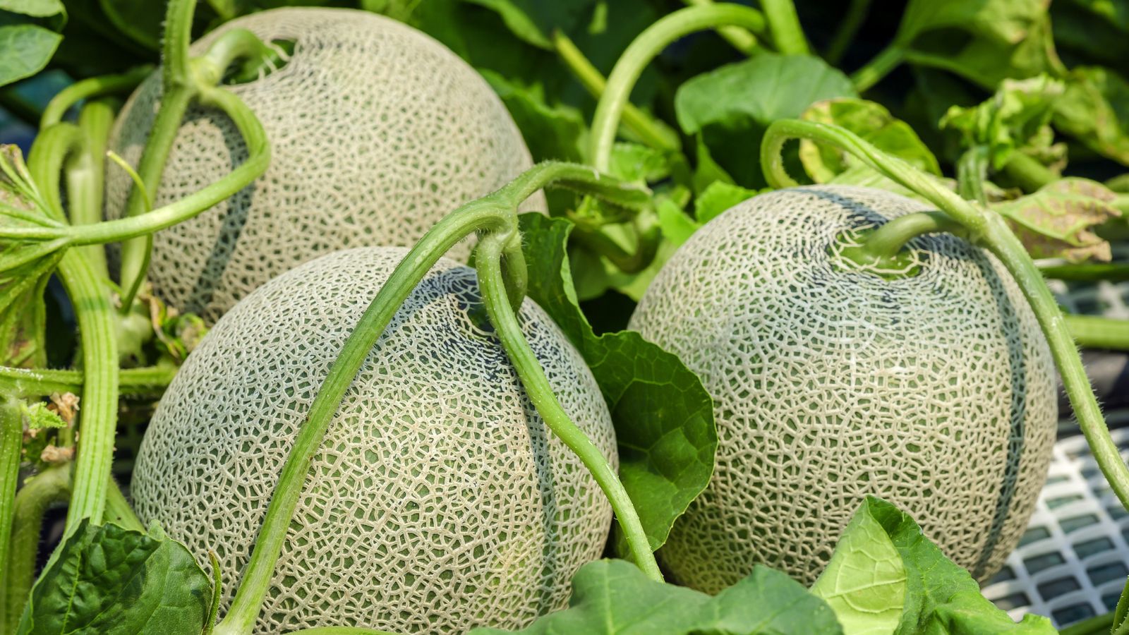 An overhead shot of three developing round fruits in a well lit area outdoors