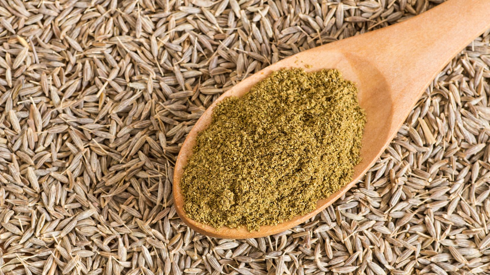 A pile of Cuminum cyminum seeds with a wooden spoon filled with a brown spice made of the ground up seeds