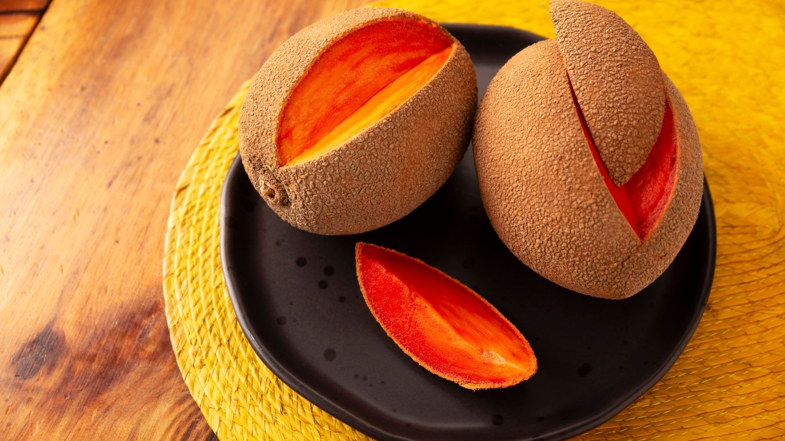 An overhead and close-up shot of several harvested, ripe, and sliced fruits of a tree, all placed on a black plate in a well lit area indoors