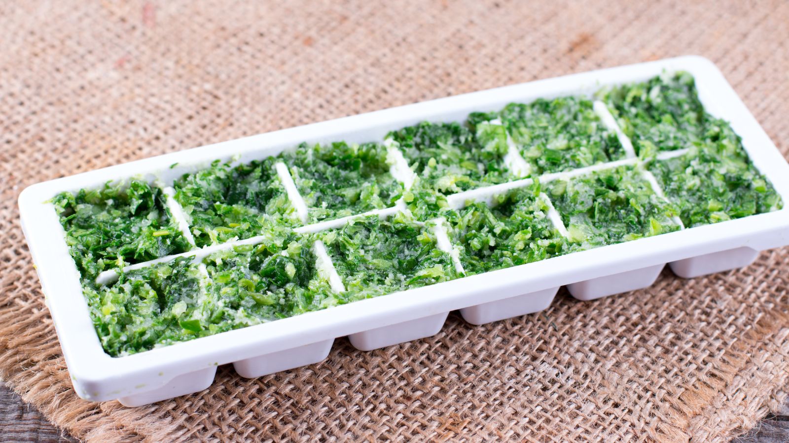 Fresh green herbs processed and placed in ice cube trays to be frozen, with the tray appearing white sitting on a woven mat