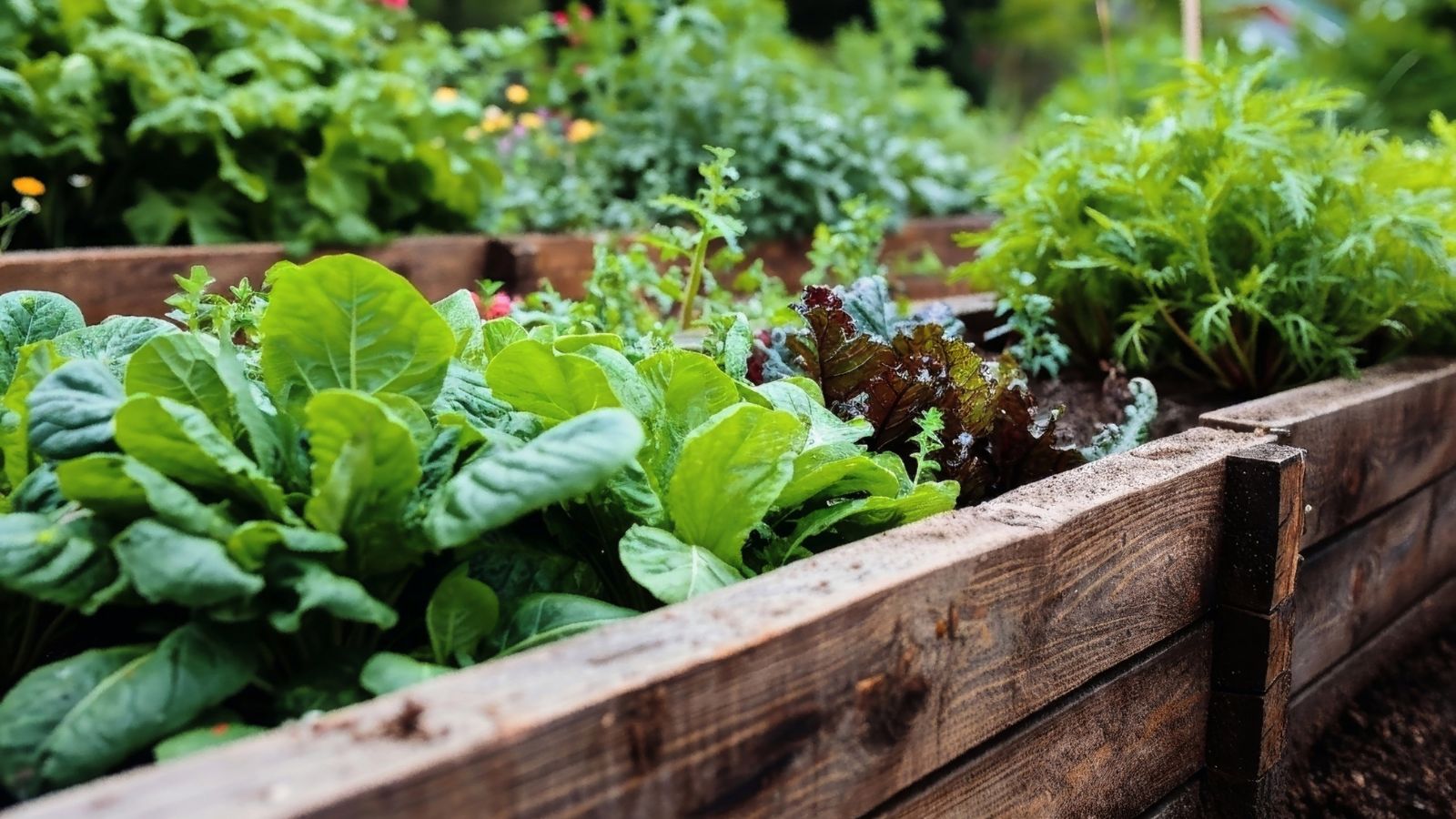 A shot of a shallow slanted terrain with wooden garden containers with growing crops and other plants in a well lit area
