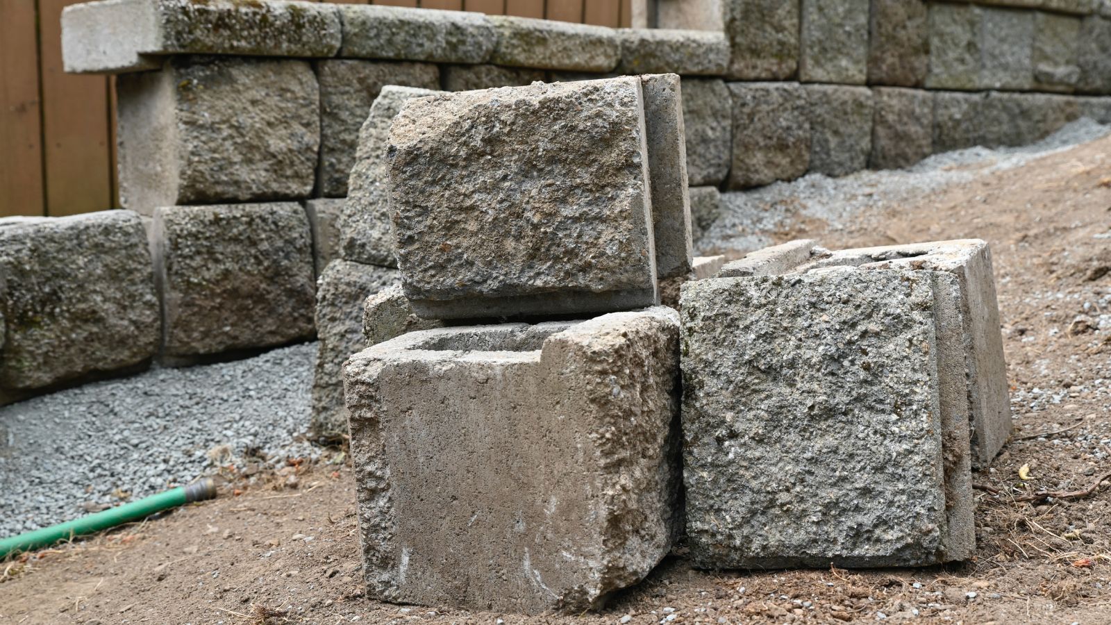 A shot of blocks of concrete piled on top of each other in a well lit area