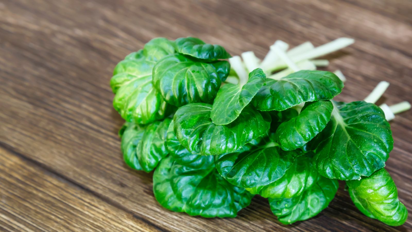A shot of freshly harvested leaves of a crop placed on a wooden surface indoors