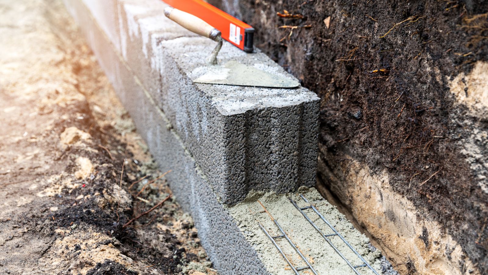 A shot of retaining wall in the process of being constructed in a well lit area