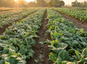 A field with growing collard greens, appearing to have countless leafy greens on a farm under the warm sunlight