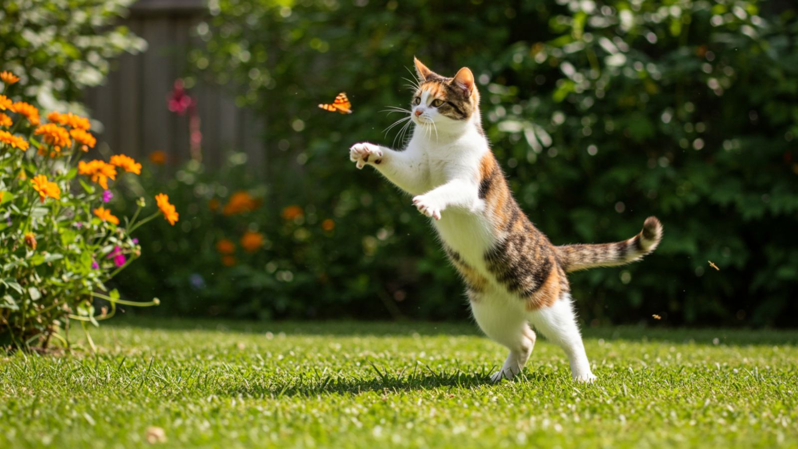A playful feline chasing a butterfly in the garden, appearing to enjoy spending time among the plants