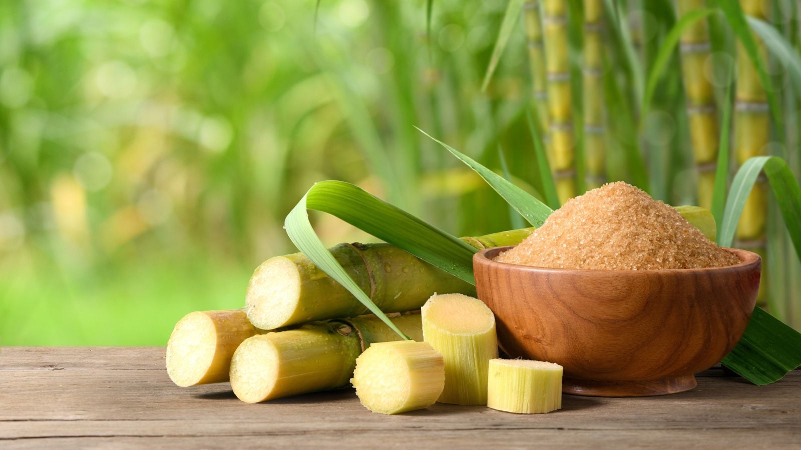 A shot of Saccharum officinarum cuttings beside a wooden bowl of sugar, all placed on a wooden table with various greens in the background