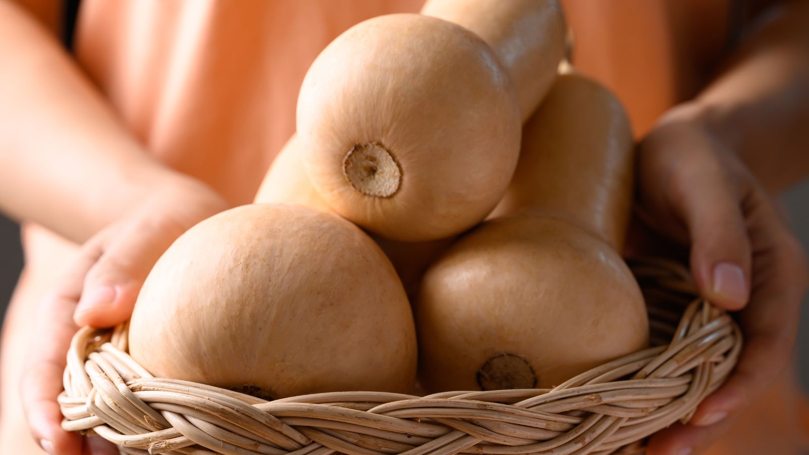A shot of a person holding a basket with piles of gourds in a well lit area