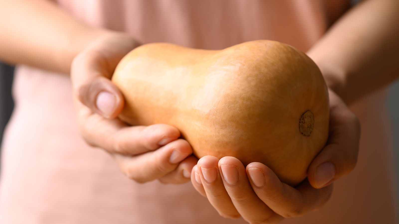 A shot of a person holding a ripe orange gourd in a well lit area