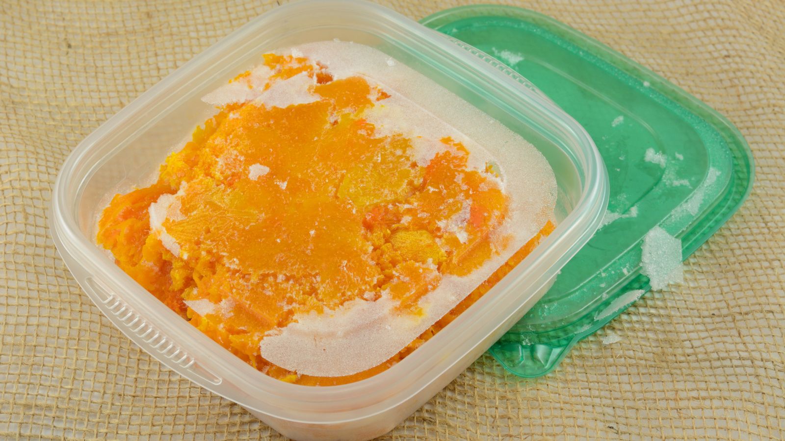 A shot of a pureed and frozen crop in a container in a well lit area
