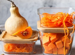 A shot of crops and container that shows how to store squash