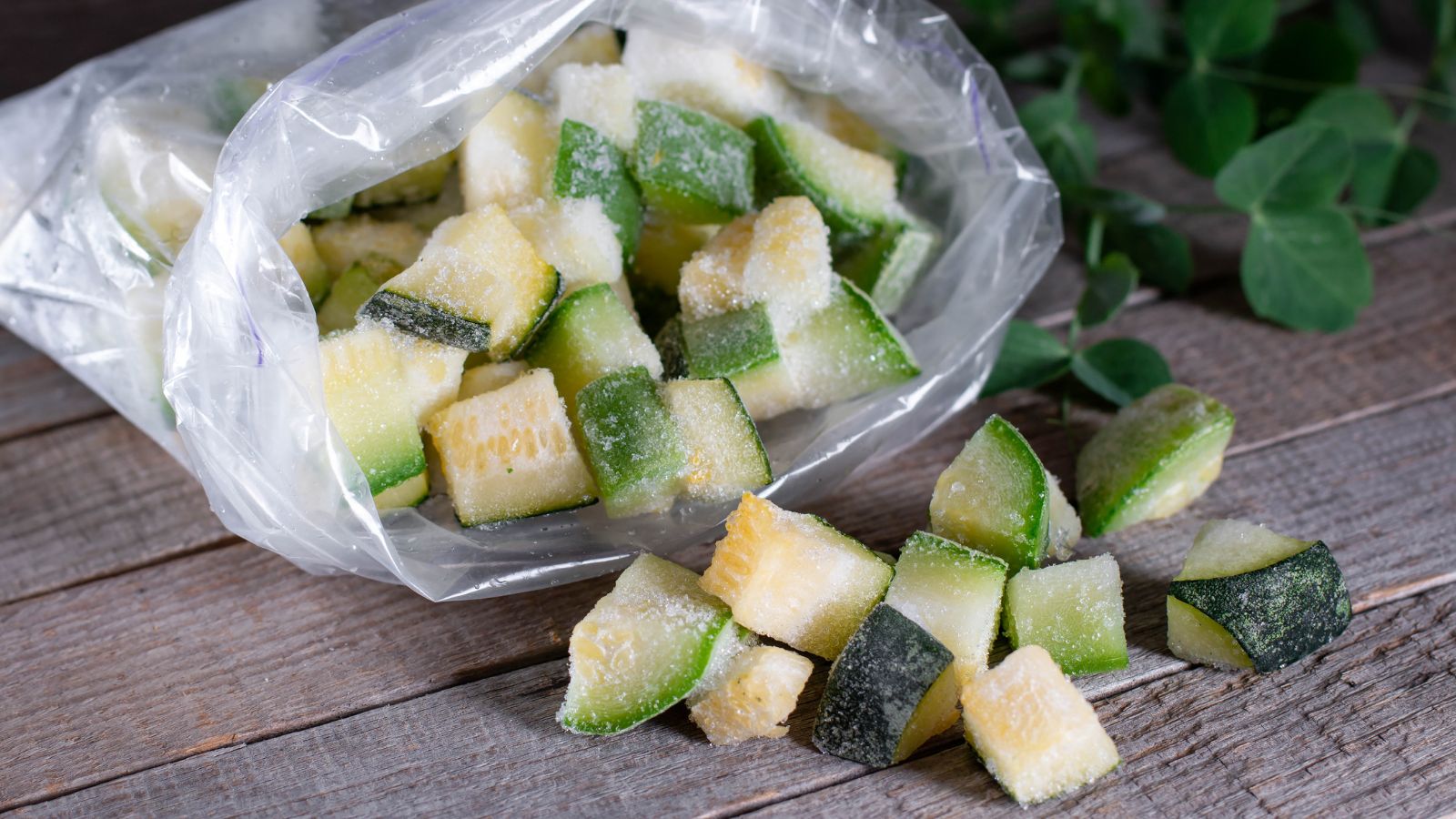 A shot of frozen gourds in a plastic bag on a wooden surface indoors