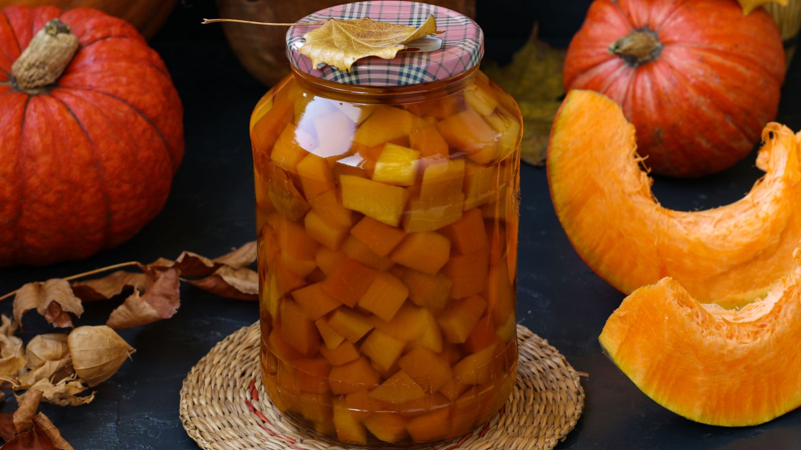 A shot of pieces of a gourd in a pressure sealed container alongside raw crops