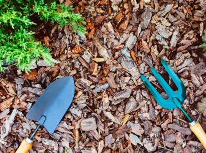 Two pieces of gardening tools laying on top of wood chip mulch placed on the ground in the garden
