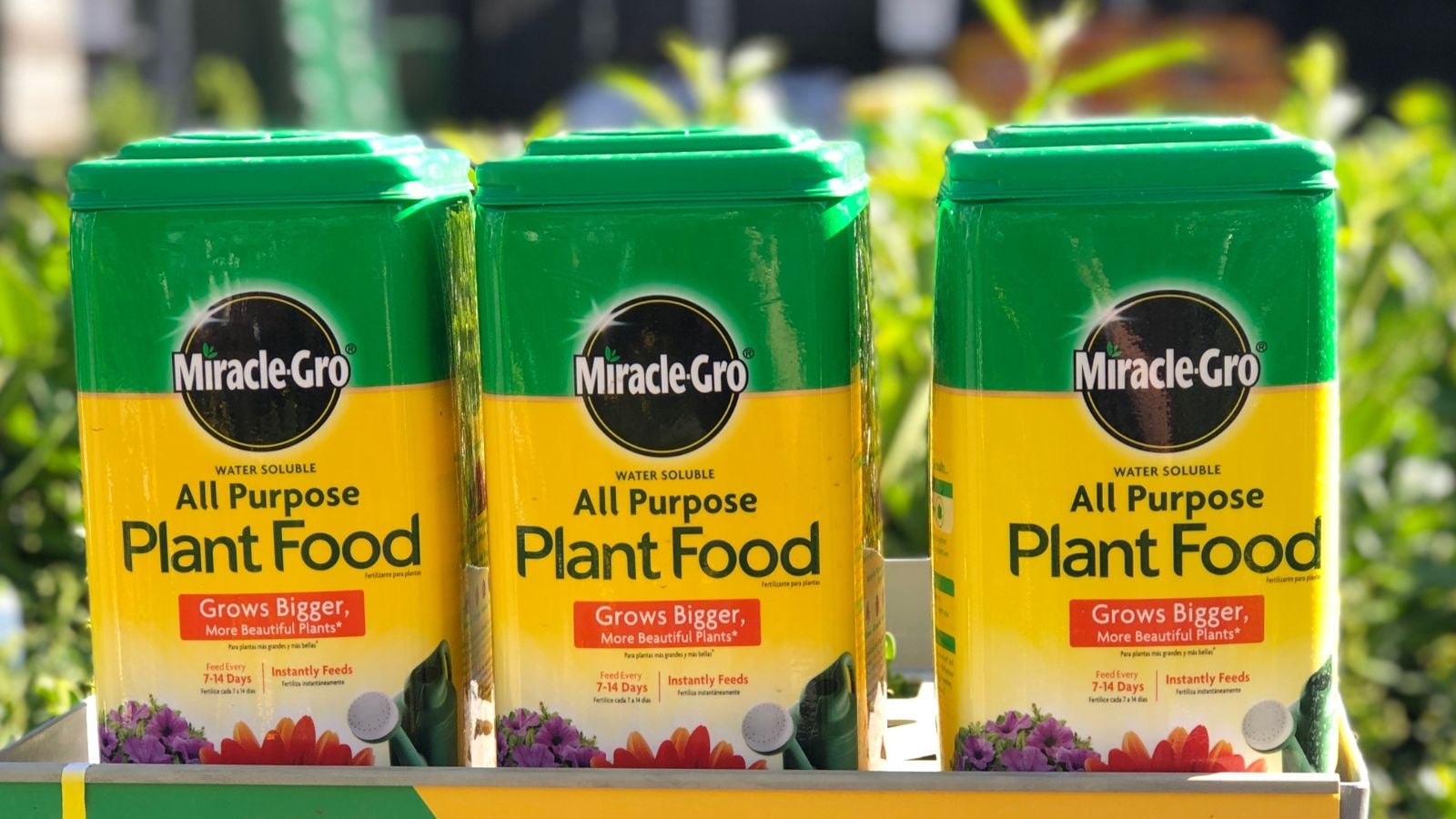 A close-up shot of several containers of an organic brand of plant food, showcasing miracle gro organic gardening